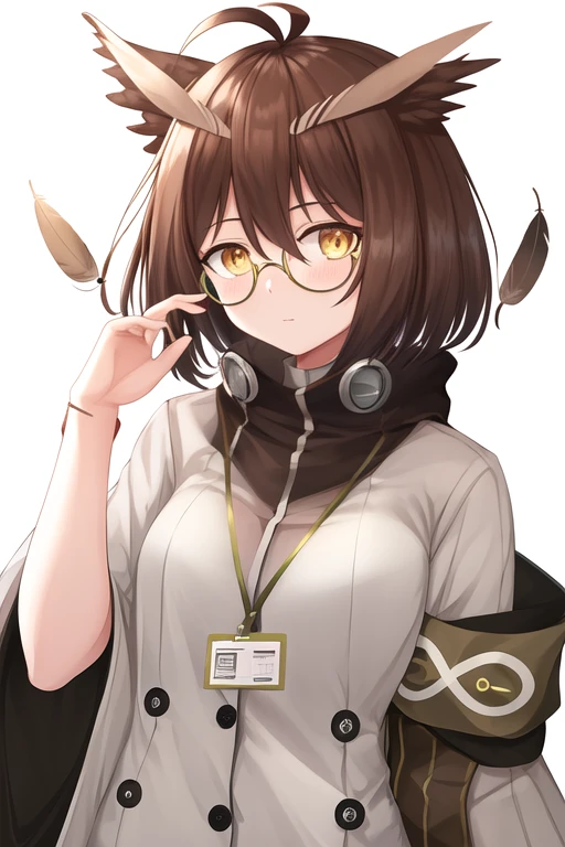 masterpiece, best quality, highres, solo, {silence_arknights:1.10}, brown_hair, short_hair, glasses, feather_hair, bangs, hair_between_eyes, owl_ears, brown_eyes, yellow_eyes, 1girl, long_sleeves, looking_at_viewer, simple_background, upper_body, armband, buttons, hand_up, semi-rimless_eyewear, under-rim_eyewear, adjusting_eyewear, ahoge, feathers, id_card, white_background