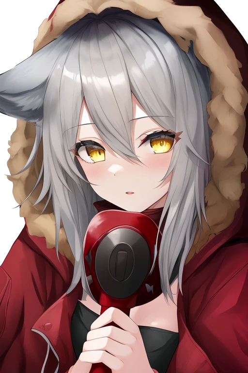 masterpiece, best quality, highres, 1girl, solo, {projekt_red_arknights:1.10}, animal_ears, wolf_ears, grey_hair, hair_between_eyes, fur_trim, wolf_girl, yellow_eyes, bangs, long_hair, holding, fur-trimmed_hood, hood, looking_at_viewer, hooded_jacket, jacket, red_jacket, hood_up, white_background, simple_background, portrait, upper_body, parted_lips