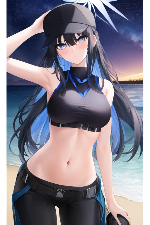 masterpiece, best quality, highres, solo, {night:1.10}, {starry sky:1.10}, beach, beautiful detailed sky, {extremely detailed background:1.20}, mature, {saori_bluearchive:1.10}, long_hair, bangs, blue_eyes, breasts, halo, black_hair, hat, baseball_cap, navel, stomach, black_headwear, sleeveless, blue_hair, large_breasts, midriff, multicolored_hair, {standing:1.10}, looking at viewer, {bikini:1.30}, light smile