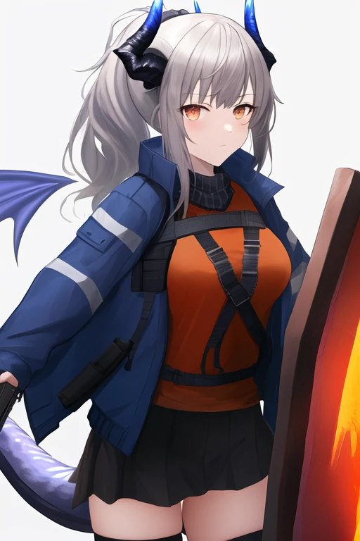 masterpiece, best quality, highres, solo, {liskarm_arknights:1.10}, horns, dragon_horns, grey_hair, ponytail, long_hair, bangs, tail, dragon_girl, dragon_tail, holding, brown_eyes, breasts, orange_eyes, 1girl, gun, holding_gun, holding_weapon, jacket, long_sleeves, shield, shirt, weapon, blue_jacket, holding_shield, id_card, red_eyes, upper_body, black_shirt, closed_mouth, handgun, open_clothes, open_jacket