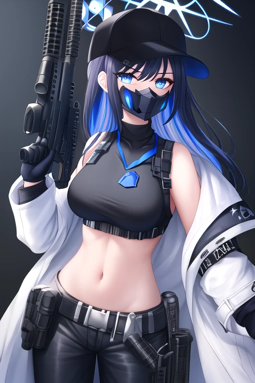 masterpiece, best quality, highres, solo, {saori_bluearchive:1.10}, long_hair, bangs, blue_eyes, breasts, halo, black_hair, hat, baseball_cap, navel, stomach, black_headwear, sleeveless, blue_hair, large_breasts, midriff, multicolored_hair, 1girl, bare_shoulders, belt, black_gloves, black_pants, black_shirt, coat, crop_top, gloves, gun, off_shoulder, pants, shirt, sig_sauer, sleeveless_shirt, weapon, black_belt, holding, mask, open_clothes, white_coat, assault_rifle, holding_gun, holding_weapon, looking_at_viewer, mouth_mask, rifle, standing, harness, black_mask, chest_harness, snap-fit_buckle, underbust, long_sleeves, open_coat, armband, holster, cowboy_shot, jacket, medium_breasts