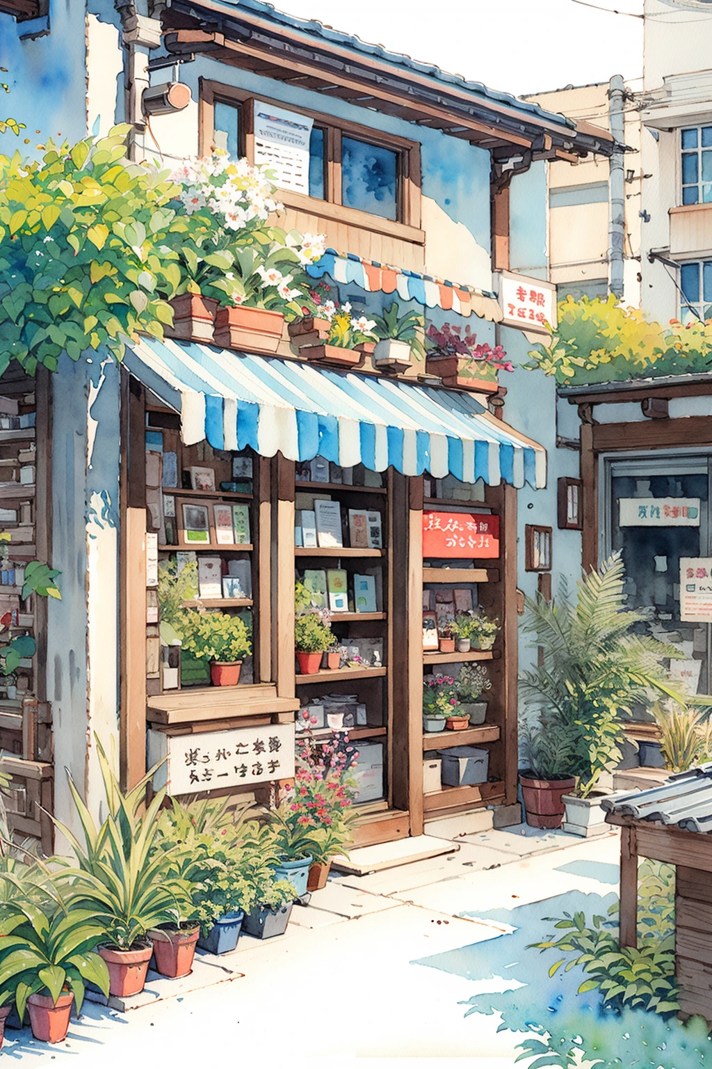no humans, plant, traditional media, outdoors, potted plant, scenery, watercolor (medium), painting (medium), building, day, shop <lora:Pastel color:0.85>