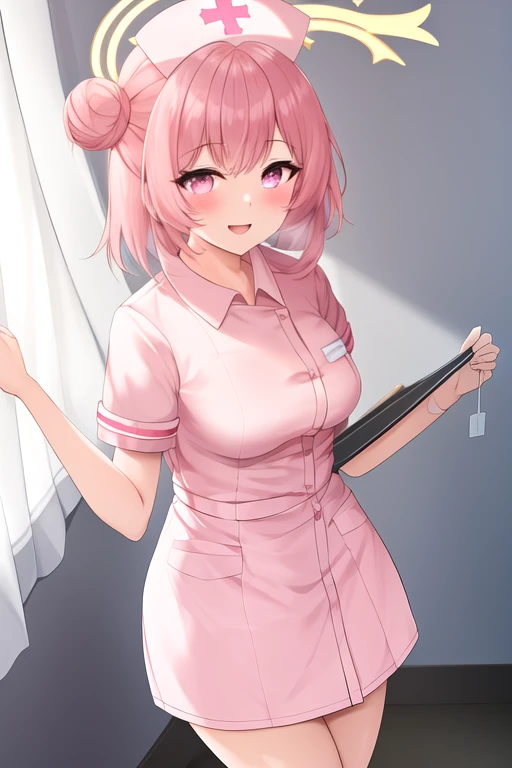 masterpiece, best quality, highres, solo, {serina_bluearchive:1.10}, pink_hair, halo, pink_eyes, hat, blush, smile, open_mouth, nurse_cap, hair_bun, breasts, 1girl, looking_at_viewer, nurse, simple_background, school_uniform, ribbon, medium_hair, white_background