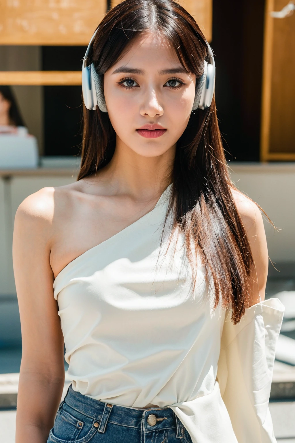 (best quality:1.4), (ultra highres:1.2), (photorealistic:1.4), (8k, RAW photo:1.2),(portrait shot:1.3), airpods_max, headphones, 1girl, solo, looking at viewer, long hair, upper body, brown hair, (long shoulder sabai:1.4), (floating sabai:1.4), <lora:sabai6:0.6>, white dress, denim shorts, <lora:airpods_max-000002:0.6>