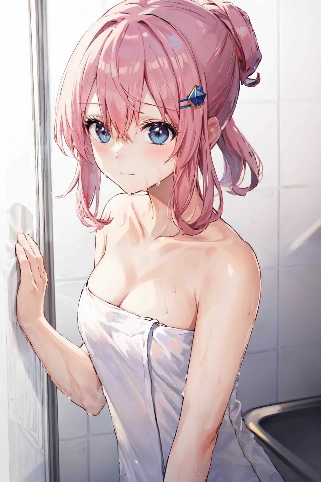 <lora:naked_towel:0.8>naked towel, solo, wet, towel, hair ornament, looking at viewer, hair bun, collarbone, white background, single hair bun, pink hair, cleavage, closed mouth, hair between eyes, medium breasts, 1girl, cube hair ornament, simple background, blue eyes