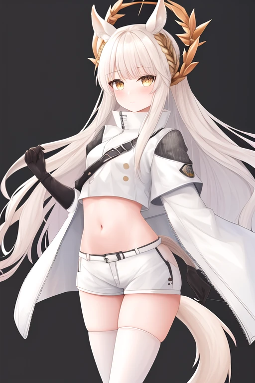 masterpiece, best quality, highres, solo, {platinum_arknights:1.10}, animal_ears, long_hair, bangs, white_hair, horse_ears, animal_ear_fluff, very_long_hair, yellow_eyes, navel, midriff, brown_eyes, 1girl, black_gloves, gloves, looking_at_viewer, short_shorts, shorts, white_shorts, jacket, tail, standing, thighhighs, white_jacket, long_sleeves, stomach, cowboy_shot, horse_girl, horse_tail, simple_background, boots, high_collar, white_background, black_thighhighs, elbow_gloves, sidelocks