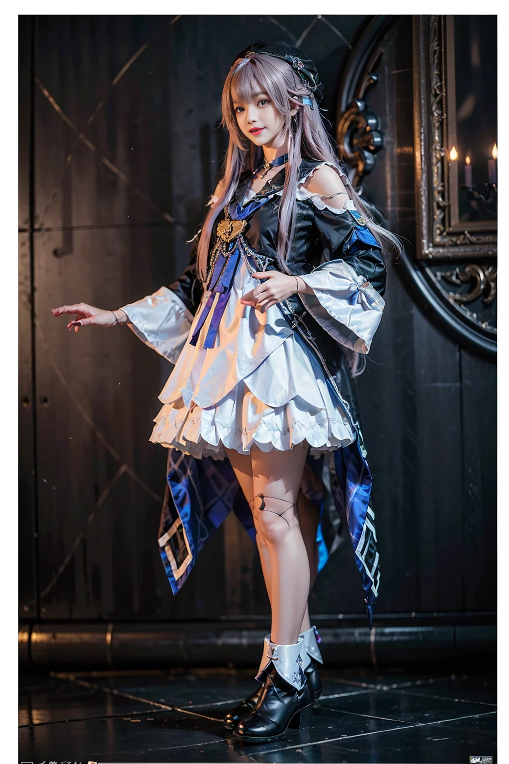 best quality, masterpiece, realistic, (photorealistic:1.4), 1girl, solo, full body, smile, herta cosplay costume, cosplay, long purple hair, doll joints, joints, ankle boots, hat, standing, <lora:herta_cosplay_costume_v1:0.65>