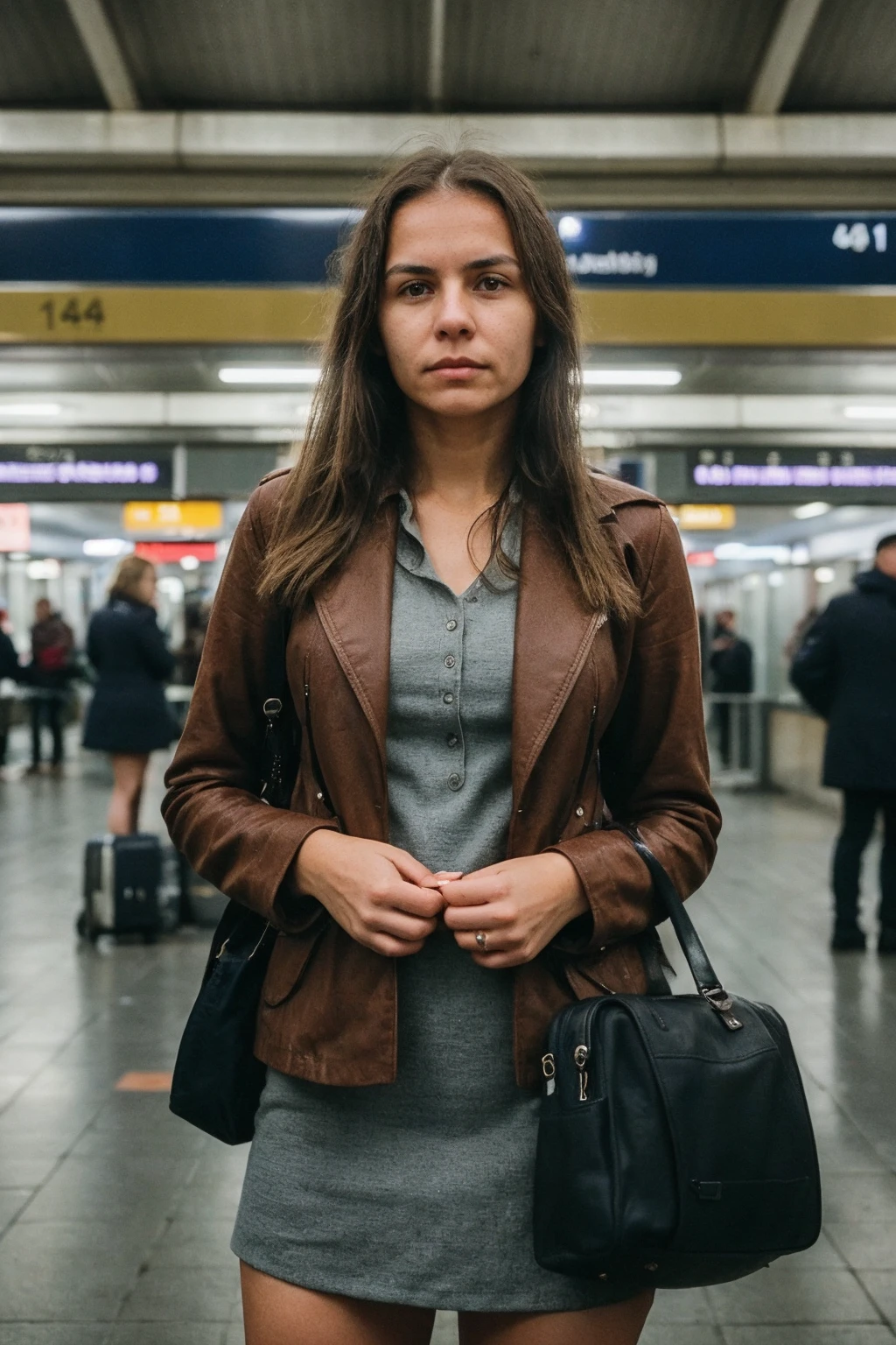 medium shot of a woman traveller ready for the journey waiting on the train station, detailed sharp, flash photo