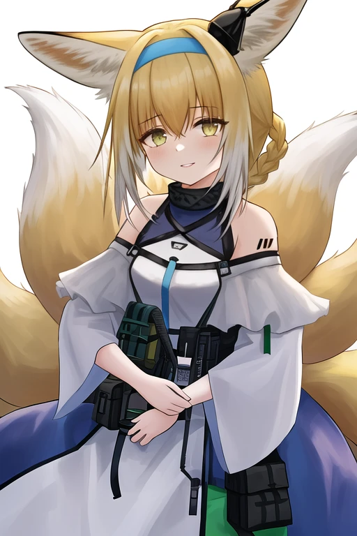 masterpiece, best quality, highres, 1girl, solo, {suzuran_arknights:1.10}, animal_ears, fox_ears, blonde_hair, fox_girl, fox_tail, bangs, tail, green_eyes, hairband, animal_ear_fluff, multiple_tails, blue_hairband, braid, hair_rings, kitsune, white_hair, multicolored_hair, smile, infection_monitor_\(arknights\), holding, oripathy_lesion_\(arknights\), hair_between_eyes, long_hair, two-tone_hair, bare_shoulders, looking_at_viewer, parted_lips, dress, earpiece, flower, kyuubi