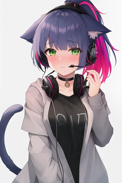 masterpiece, best quality, highres, solo, {jessica_arknights:1.10}, animal_ears, cat_ears, ponytail, green_eyes, blue_hair, bangs, blush, multicolored_hair, tail, cat_tail, holding, black_hair, breasts, pink_hair, long_hair, 1girl, black_shirt, jacket, looking_at_viewer, shirt, upper_body, headset, open_clothes, simple_background, choker, open_jacket, white_background, grey_jacket, headphones, black_choker, streaked_hair