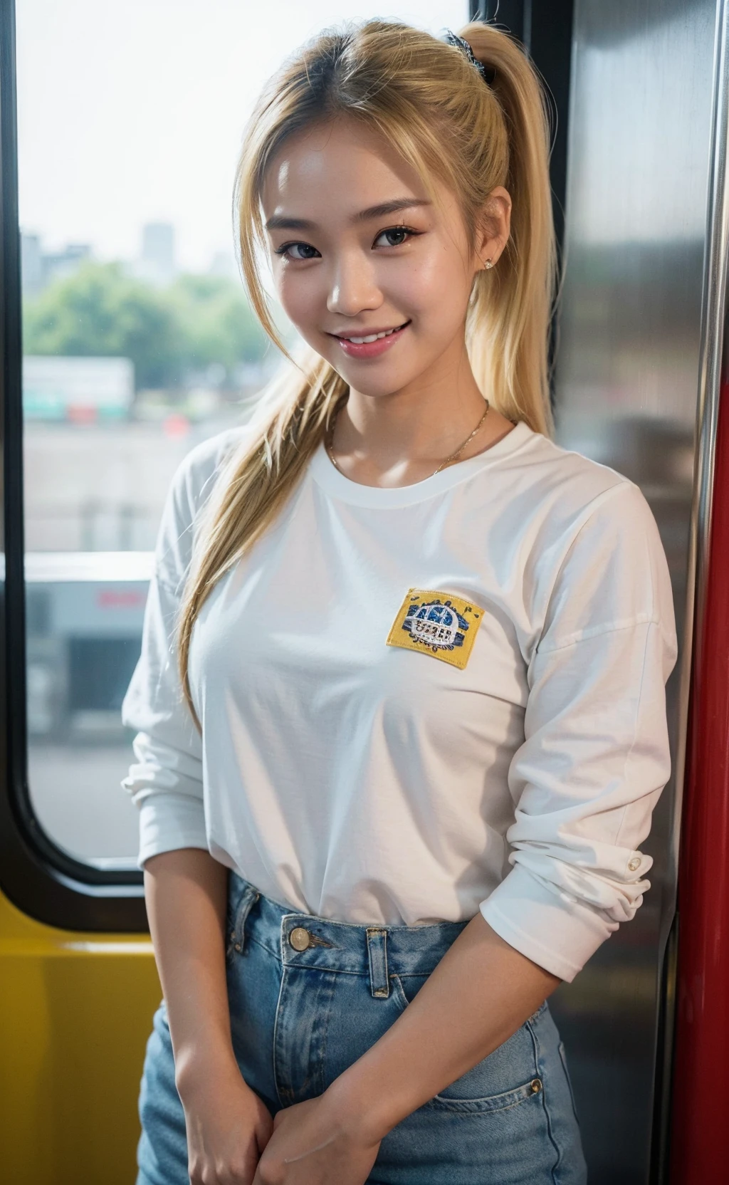 (high quality:1.3), (photo realistic:1.2), (upper body shot:1.2), (beautiful young thai idol 25 yrs old:1.3), (little smile:1.2),(looking at viewer:1.4), (a beautiful blonde girl:1.2) standing in a train, (casuals pop fashion cloth :1.3), high ponytail