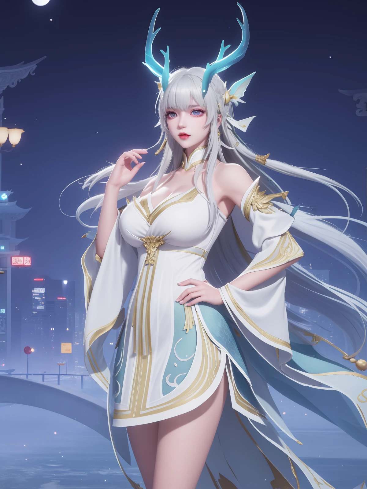 WZRYxishiYLQY, 1girl, long hair, solo, dress, detached sleeves, white hair, horns,mature female, cityscape, night, looking at viewer, cowboy shot, <lora:WZRYxishiYLQYii:0.75>,purple eyes, hand on hip,