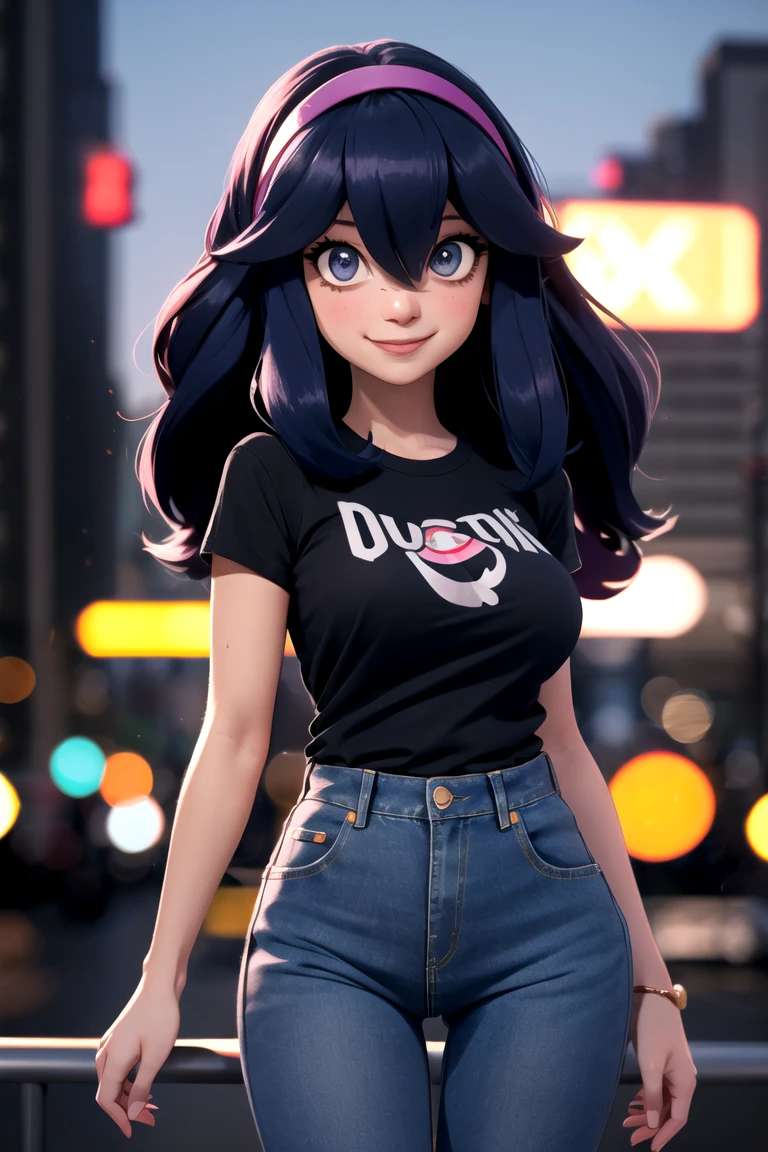 centered, award winning upper body portrait, cowboy shot, (looking at viewer:1.2), | solo, standing, smile, Hex_Maniac_Pokemon, tshirt, denim jeans, | city, urban scenery, city lights,| bokeh, depth of field, cinematic composition, | dynamic pose, <lora:Hex_Maniac_Pokemon:0.6>