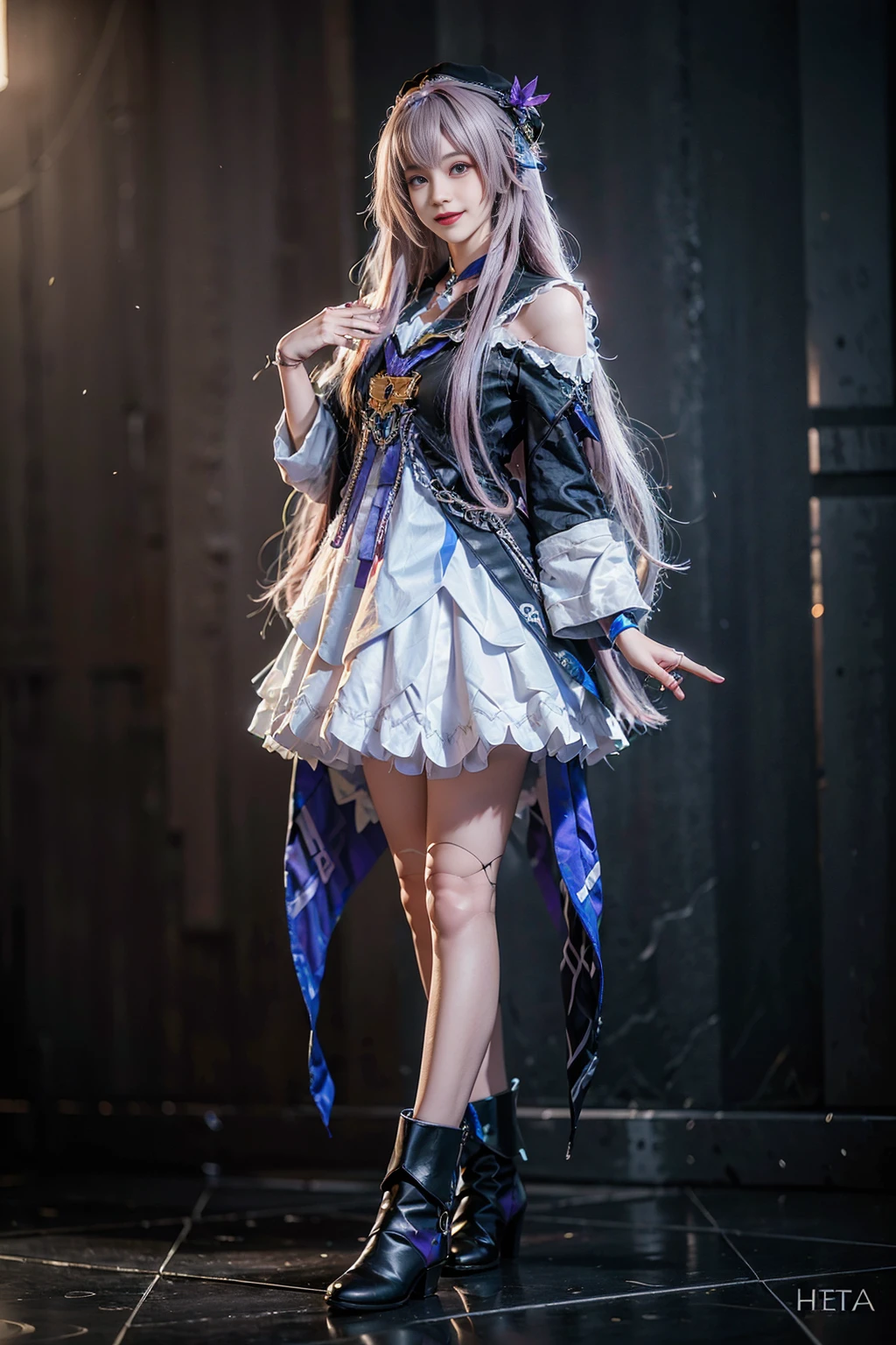 best quality, masterpiece, realistic, (photorealistic:1.4), 1girl, solo, full body, smile, herta cosplay costume, cosplay, long purple hair, doll joints, joints, ankle boots, hat, standing, <lora:herta_cosplay_costume_v1:0.65>