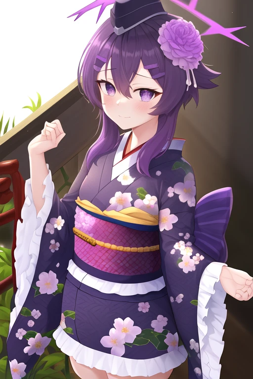 masterpiece, best quality, highres, solo, {haruka_bluearchive:1.10}, purple_hair, bangs, hair_between_eyes, purple_eyes, hair_ornament, halo, blush, hairclip, hat, garrison_cap, medium_hair, 1girl, frilled_kimono, hairband, japanese_clothes, kimono, obi, official_alternate_costume, sash, floral_print, flower, frills, hair_flower, long_sleeves, looking_at_viewer, purple_kimono, wide_sleeves, closed_mouth, simple_background, frilled_sleeves, white_background