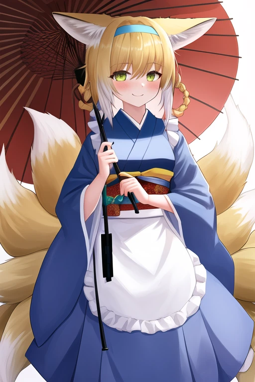 masterpiece, best quality, highres, 1girl, solo, {suzuran_arknights:1.10}, animal_ears, fox_ears, blonde_hair, fox_girl, fox_tail, bangs, tail, green_eyes, hairband, animal_ear_fluff, multiple_tails, blue_hairband, braid, hair_rings, kitsune, white_hair, multicolored_hair, smile, infection_monitor_\(arknights\), holding, oripathy_lesion_\(arknights\), hair_between_eyes, long_hair, two-tone_hair, japanese_clothes, kimono, long_sleeves, wide_sleeves, red_hairband, hair_ornament, umbrella, looking_at_viewer, obi, sash, alternate_costume, frills, holding_umbrella, oil-paper_umbrella, pink_kimono, white_apron, apron, blush, flower, full_body, skirt