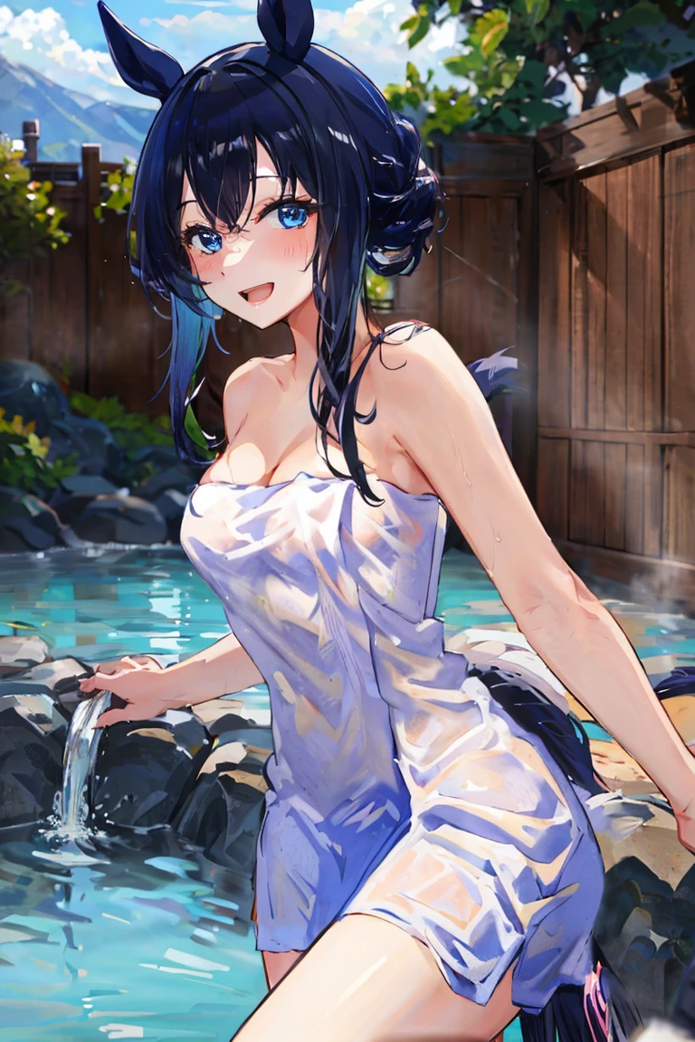 <lora:naked_towel:1> naked towel, outdoors, solo, open mouth, towel, looking at viewer, blurry background, horse tail, smile, animal ears, water, tail, cleavage, horse girl, onsen, black hair, medium breasts, 1girl, blush, horse ears, blurry, blue eyes