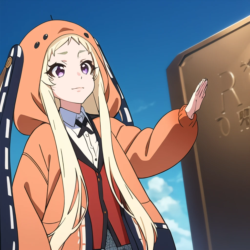 best quality, masterpiece, ultra-detailed,1 girl. solo, yomozuki runa, blonde hair, purple eyes, long hair, school uniform, kigurumi, black animal ears,