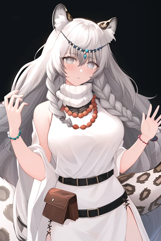 masterpiece, best quality, highres, solo, {pramanix_arknights:1.10}, long_hair, animal_ears, braid, leopard_ears, animal_ear_fluff, grey_eyes, twin_braids, bangs, jewelry, tail, white_hair, necklace, leopard_tail, grey_hair, very_long_hair, bell, holding, belt, breasts, hair_between_eyes, 1girl, beads, turtleneck, upper_body, bead_necklace, looking_at_viewer, parted_lips, side_braids, simple_background, circlet, white_background