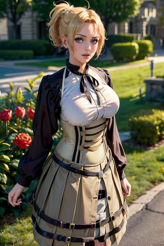 (masterpiece:1.4),(best quality:1.4),(absurdres:1.4),pin-up, <lora:ANIME_Zenith_aiwaifu-10:0.8>, Zenith_aiwaifu,blonde hair,ponytail,blue eyes,short hair,large breasts,bangs,parted bangs,skirt,ribbon,shirt,long sleeves,neck ribbon,fur trim,black ribbon,corset,red shirt,suspenders,collared shirt,dress,long skirt,pleated skirt,suspender skirt, (absurdres, highres, incredibly_absurdres:1.4),scenery,masterpiece,