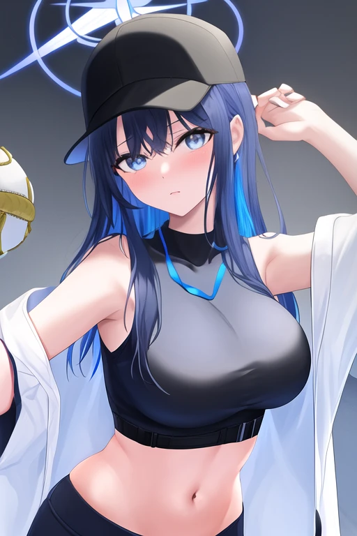 masterpiece, best quality, highres, solo, {saori_bluearchive:1.10}, long_hair, bangs, blue_eyes, breasts, halo, black_hair, hat, baseball_cap, navel, stomach, black_headwear, sleeveless, blue_hair, large_breasts, midriff, multicolored_hair