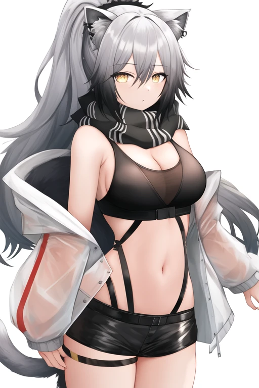 masterpiece, best quality, highres, 1girl, solo, {schwarz_arknights:1.10}, animal_ears, long_hair, cat_ears, grey_hair, bangs, yellow_eyes, breasts, ponytail, thighs, tail, cat_tail, cleavage, large_breasts, hair_between_eyes, midriff, very_long_hair, medium_breasts, black_scarf, black_shorts, crop_top, jacket, long_sleeves, looking_at_viewer, navel, open_clothes, open_jacket, scarf, short_shorts, shorts, simple_background, stomach, white_background, white_jacket, see-through, bare_shoulders, off_shoulder, animal_ear_fluff, cowboy_shot, standing