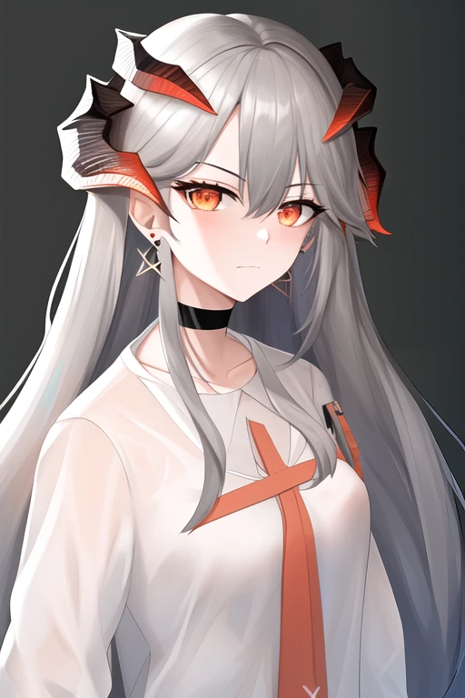 masterpiece, best quality, highres, solo, {saria_arknights:1.10}, horns, long_hair, dragon_horns, bangs, grey_hair, orange_eyes, closed_mouth, earrings, jewelry, white_hair, hair_between_eyes, 1girl, looking_at_viewer, shirt, upper_body, simple_background, white_shirt, choker, black_choker