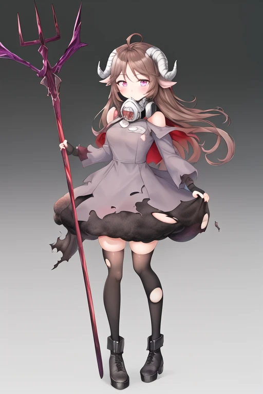 masterpiece, best quality, highres, solo, {eyjafjalla_arknights:1.10}, brown_hair, long_hair, animal_ears, horns, sheep_horns, sheep_ears, ahoge, bangs, blush, holding, pink_eyes, breasts, red_eyes, 1girl, black_thighhighs, dress, holding_staff, long_sleeves, looking_at_viewer, staff, thighhighs, black_footwear, full_body, mask_around_neck, gloves, mask, respirator, black_gloves, boots, burnt_clothes, grey_dress, simple_background, zettai_ryouiki, fingerless_gloves, goggles, open_clothes, purple_dress, standing, torn_clothes, white_background, torn_dress