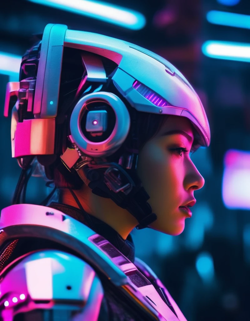 (masterpiece, best quality:1.5)
1girl, closed mouth, cyberpunk, cyberpunk style, cyborg, depth of field, from side, helmet, lips, neon lights, profile, realistic, science fiction, solo, upper body