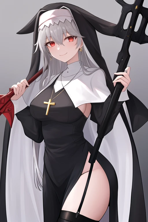 masterpiece, best quality, highres, solo, {specter_arknights:1.10}, long_hair, red_eyes, bangs, black_headwear, hair_between_eyes, smile, grey_hair, very_long_hair, white_hair, breasts, 1girl, black_dress, black_thighhighs, dress, habit, long_sleeves, nun, thighhighs, jewelry, looking_at_viewer, holding, holding_weapon, necklace, pelvic_curtain, weapon, capelet, black_footwear, boots, garter_straps, grey_capelet