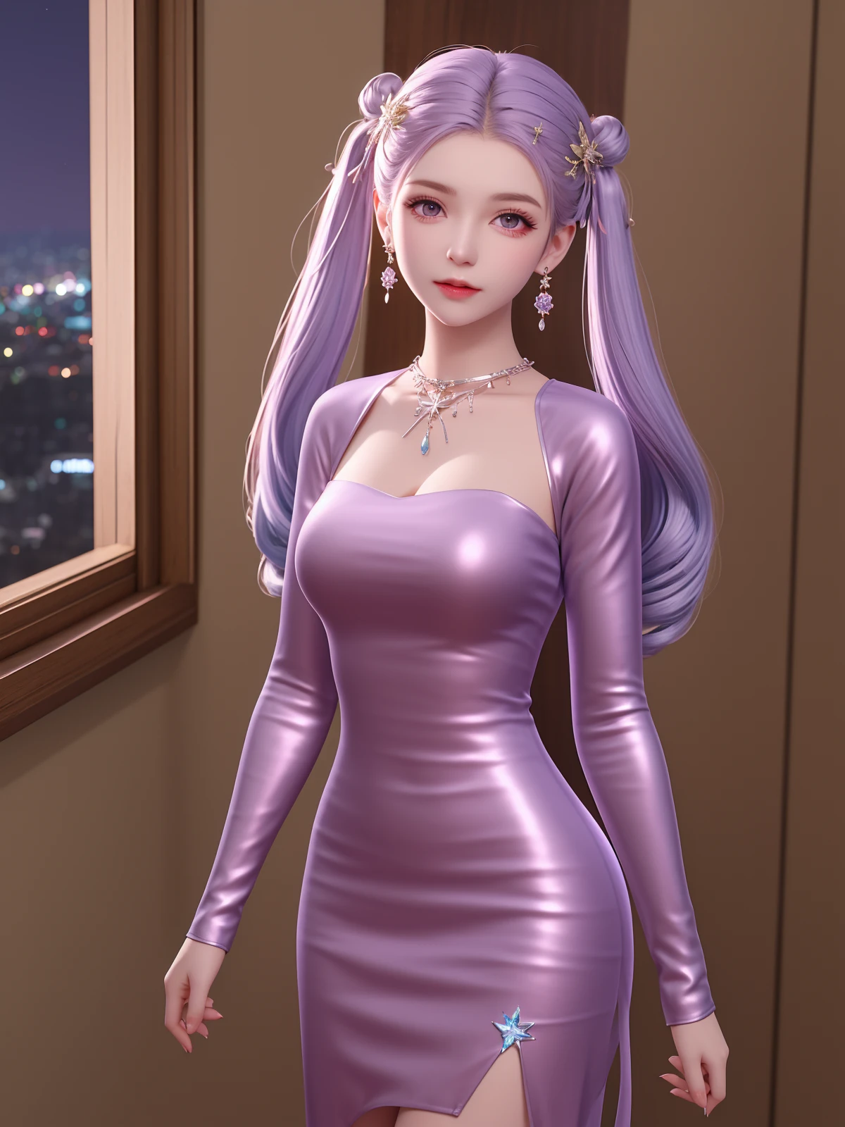 SYNNzidinyitest,1girl,mature female,cityscape,night,looking at viewer,jewelry,dress,purple eyes,earrings,necklace,twintails,indoors,window,hair ornament,cowboy shot, <lora:SYNNzidinyitestNed-000020:0.75>