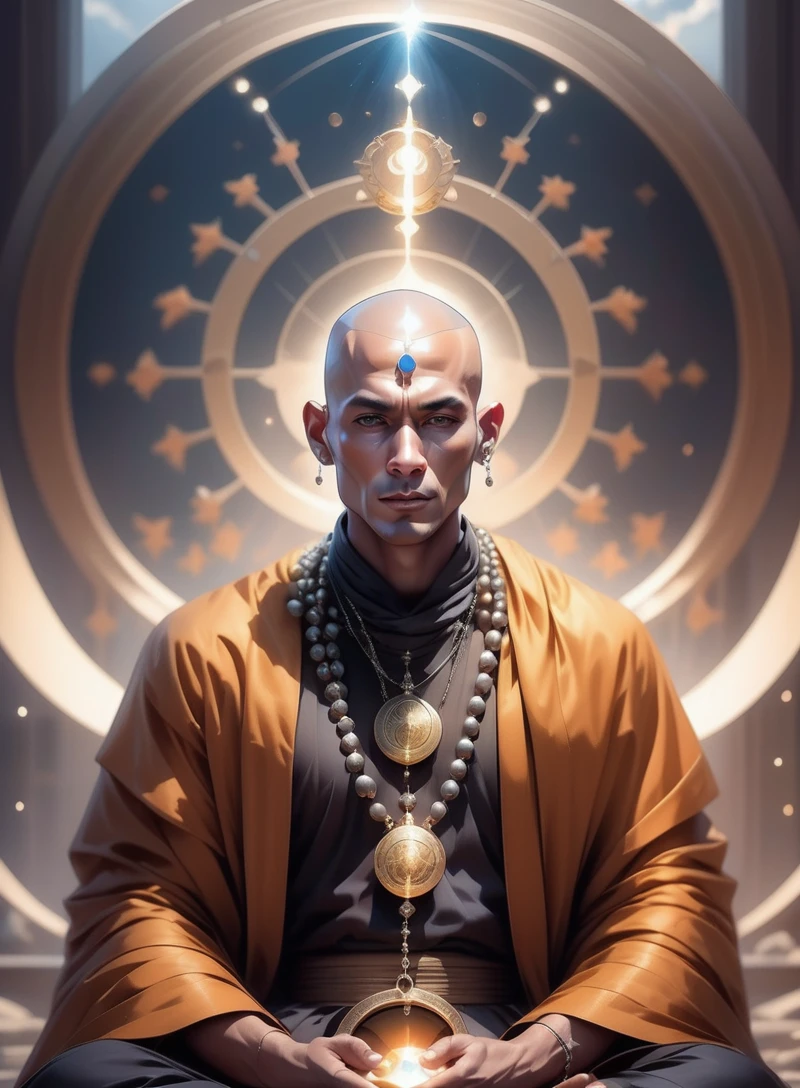 mysterious, fantasy, 1 monk wearing a giant rosary on his chest, beautiful eyes, bald head, sitting in meditation,halo in the back, abstract background