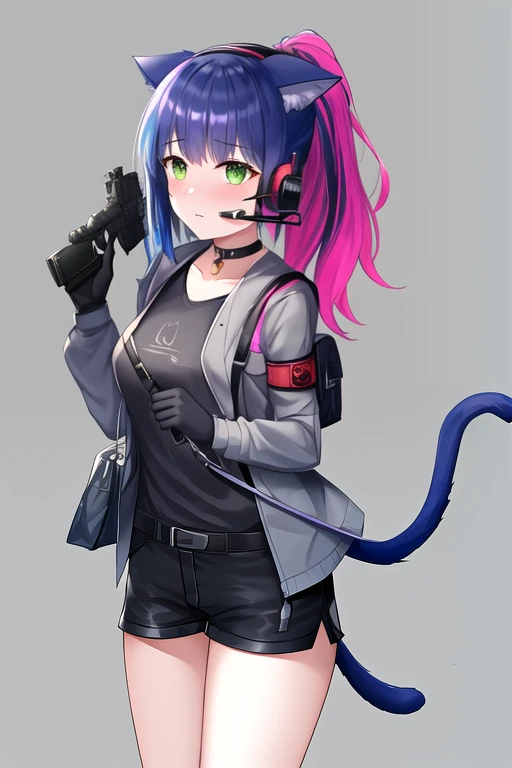 masterpiece, best quality, highres, solo, {jessica_arknights:1.10}, animal_ears, cat_ears, ponytail, green_eyes, blue_hair, bangs, blush, multicolored_hair, tail, cat_tail, holding, black_hair, breasts, pink_hair, long_hair, 1girl, black_gloves, black_shirt, gloves, gun, handgun, holding_gun, holding_weapon, jacket, long_sleeves, open_clothes, open_jacket, shirt, weapon, black_shorts, cat_girl, choker, cowboy_shot, grey_background, grey_jacket, headset, shorts, simple_background, bag, looking_at_viewer, shoulder_bag