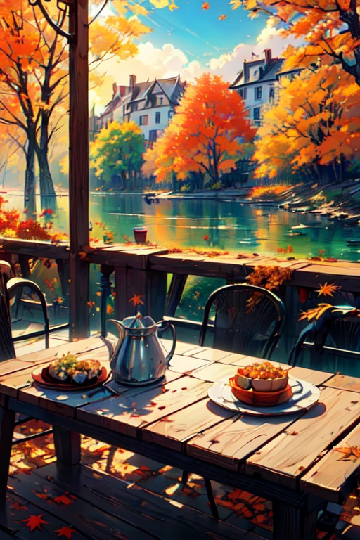 (masterpiece:1.2),(best quality), (ultra detailed), (8k, 4k, intricate, (highly detailed:1.2),(detailed background),(detailed landscape) <lora:more_details:0.5> <lora:light:0.7>neolight outdoors, food, day, tree, cup, book, leaf, chair, table, sunlight, plant, scenery, plate, mug, autumn leaves, coffee, autumn