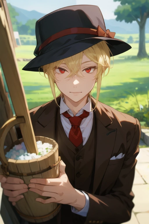 masterpiece, best quality, illustration, 1boy, solo, male focus, looking at viewer, upper body, depth of field, <lora:william_james_moriarty:0.70>, william_james_moriarty, blonde hair, red eyes, suit pants, bucket hat, ,