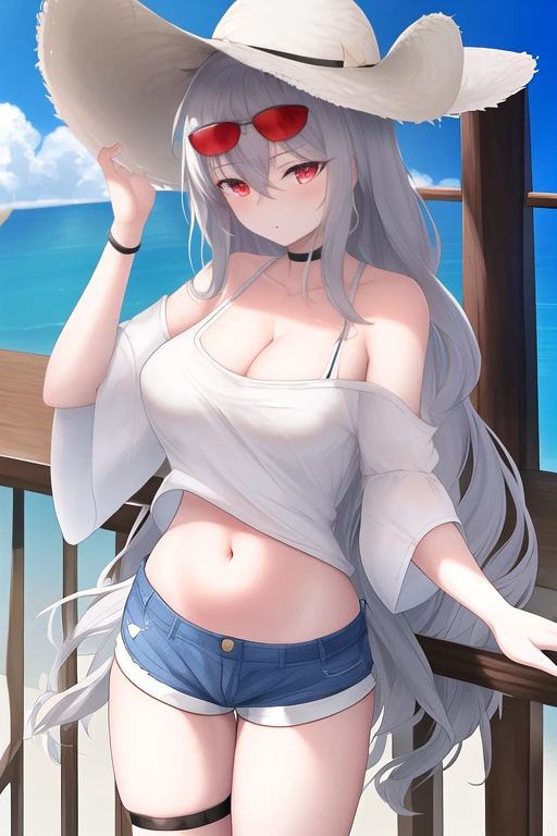best quality, masterpiece, highres, solo, {prinz_eugen_azurlane:1.15}, long_hair, multicolored_hair, streaked_hair, red_hair, breasts, bangs, two_side_up, large_breasts, white_hair, blush, antenna_hair, hair_between_eyes, very_long_hair, mole, mole_on_breast, smile, brown_eyes, 1girl, bikini, black_bikini, black_choker, choker, looking_at_viewer, swimsuit, black_ribbon, ribbon, hair_ribbon, flag_print, german_flag_bikini, cleavage, collarbone, cross, navel, side-tie_bikini_bottom, earrings, official_alternate_costume, open_mouth, cross_earrings, jewelry, simple_background, white_background