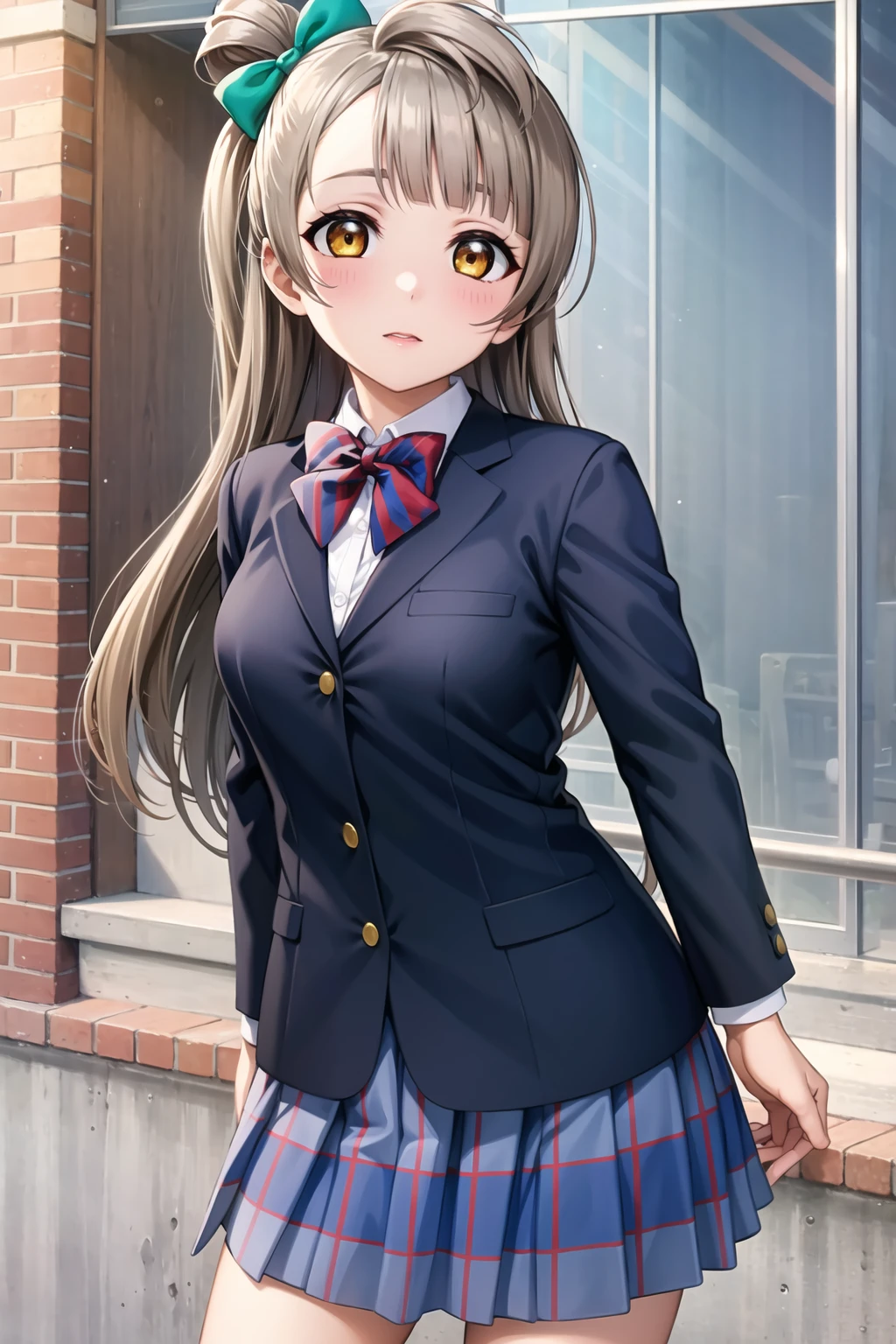 (masterpiece, best quality, ultra-detailed), (illustration), (beautiful detailed eyes), (1girl), (solo),  minami kotori, long hair, yellow eyes, bangs, hair bow, green bow,  <lora:KotoriLL_v2.1:0.65>,
shirt, long sleeves, school uniform, jacket, white shirt, pleated skirt, striped, collared shirt, miniskirt, bowtie, red bow, blue skirt, plaid skirt, blazer, blue jacket, red bowtie, striped bow, winter uniform, otonokizaka school uniform, striped bowtie, outdoors, cowboy shot,