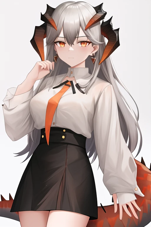 masterpiece, best quality, highres, solo, {saria_arknights:1.10}, horns, long_hair, dragon_horns, bangs, grey_hair, orange_eyes, closed_mouth, earrings, jewelry, white_hair, hair_between_eyes, 1girl, black_skirt, cowboy_shot, long_sleeves, shirt, simple_background, skirt, white_shirt, looking_at_viewer, tail, white_background, dragon_tail, hand_up, high-waist_skirt