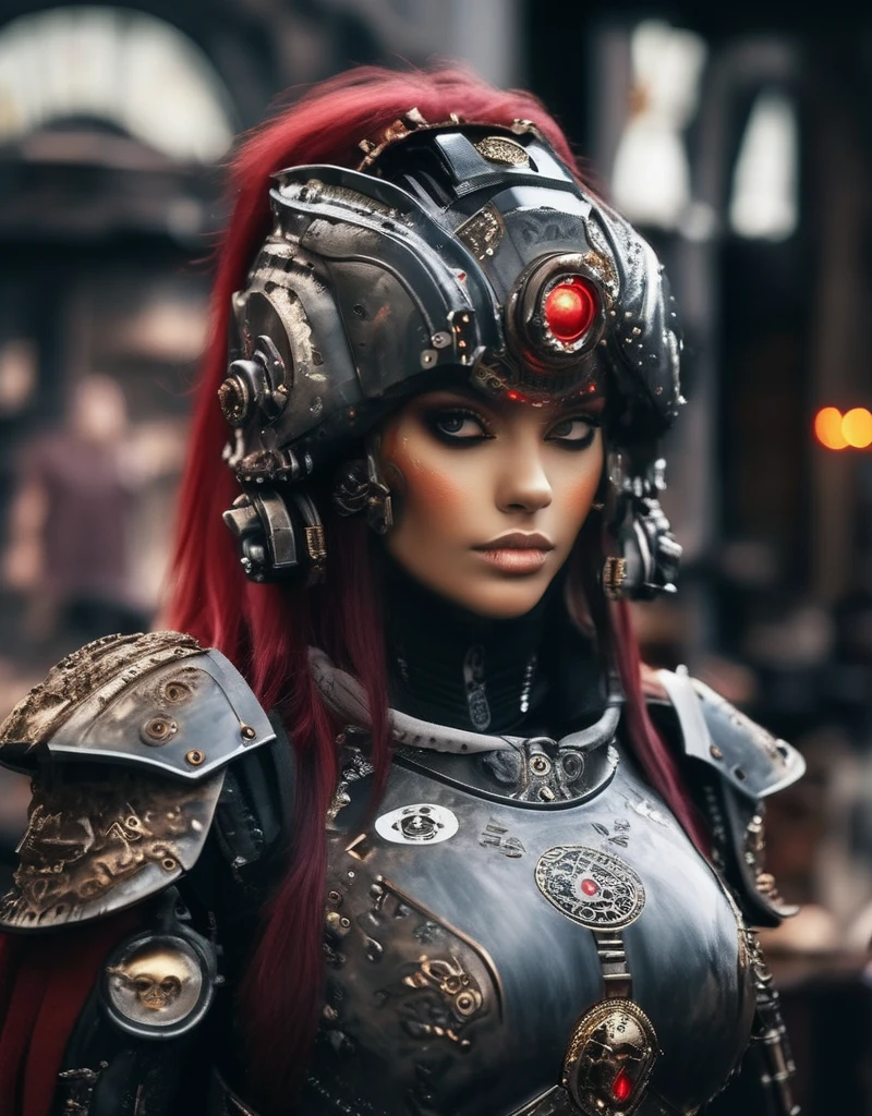(masterpiece,best quality:1.5), cyber girl power armor-hoodie adeptus mechanicus, eyepieces, finely detailed armor, looking away, encrusted with skulls, black and red, warhammer 40k, dark tones, blacksmith shop in the background, sparks, cinematic lighting, hyper realistic, mysterious, eyes detail