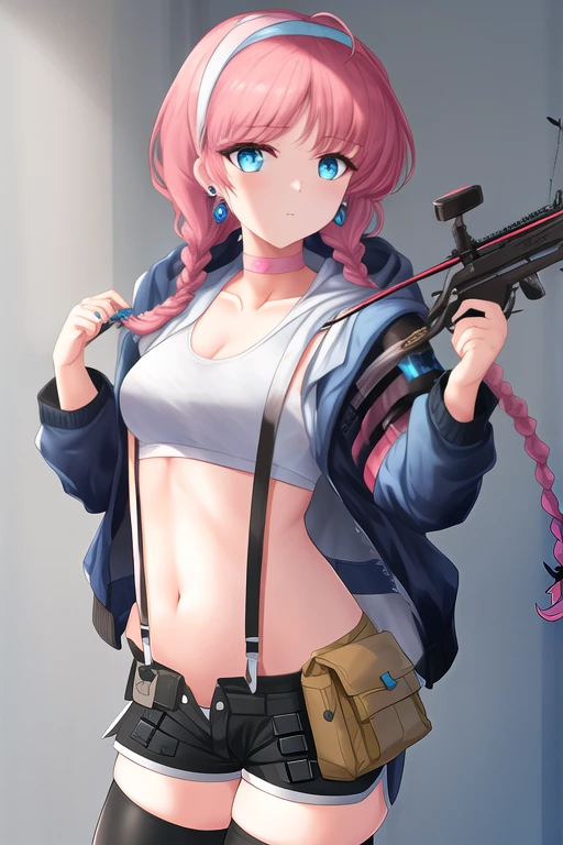 masterpiece, best quality, highres, solo, {blue_poison_arknights:1.10}, blue_eyes, pink_hair, bangs, long_hair, breasts, choker, braid, official_alternate_costume, twin_braids, hairband, holding, pink_choker, midriff, earrings, jewelry, small_breasts, medium_breasts, 1girl, blue_jacket, elite_ii_\(arknights\), holding_weapon, hood, hooded_jacket, jacket, low_twintails, shirt, shorts, twintails, weapon, white_shirt, black_shorts, hood_up, long_sleeves, looking_at_viewer, open_jacket, thighhighs, black_thighhighs, cowboy_shot, crossbow, open_clothes, pouch, suspenders