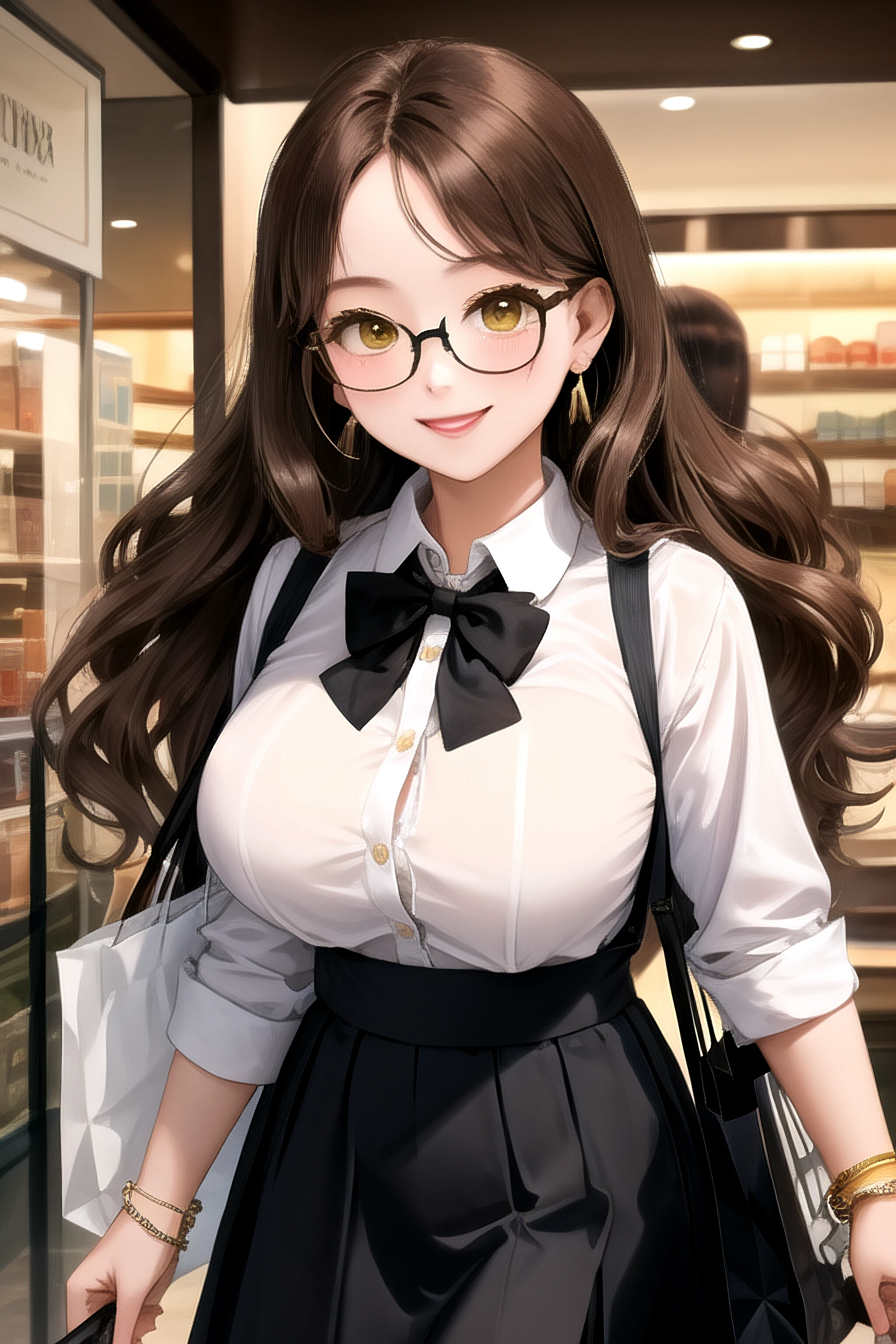 (masterpiece, best quality, absurdres, high details, perfect), 1girl, solo, mature female, brown hair, long wavy hair, yellow eyes, parted bangs, sidelocks, large sagging breasts, long eyelashes, black-framed round eyewear, shopping, shop, shopping bag, white collared shirt, black suspender skirt, happy, light smile, jewelry, stud earrings, bracelet, walking, sexually suggestive, cowboy shot, black bowtie,