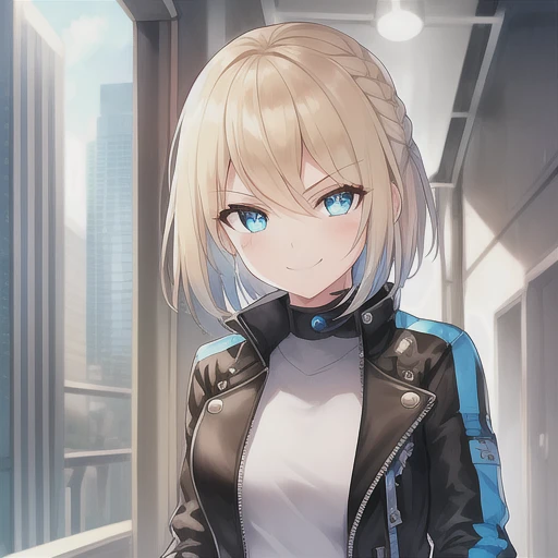 {1girl}, determined, biker jacket, casual pants, masterpiece, smirking, perfect detailed on hands, illustration, beautiful-detailed eyes, {{cinematic light}}, ultra detailed, {short hair}, {katana}, hallway, small breasts, blonde hair with highlights, futuristic city, industrial, monitors, open area,}}} from front, eye focus, determined, determined look, {glowing blue eyes}, braid,