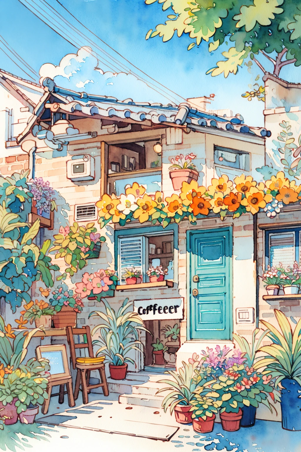 Flower store, coffee spot, tables, chairs, no one, windows, flowers, plants, potted plants, watercolor (medium), landscapes, doors, air conditioning, paintings (medium), traditional media, houses, outdoors, balconies, architecture,  <lora:Pastel color:0.85>