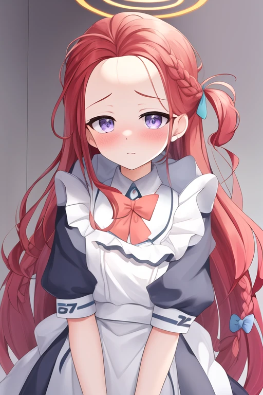 masterpiece, best quality, highres, solo, {yuzu_bluearchive:1.10}, long_hair, red_hair, blush, forehead, halo, bow, very_long_hair, hair_bow, blue_eyes, braid, purple_eyes