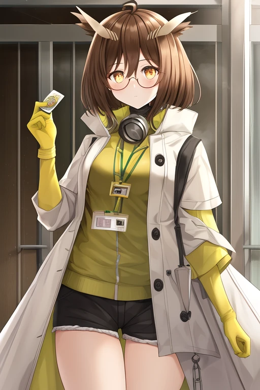 masterpiece, best quality, highres, solo, {silence_arknights:1.10}, brown_hair, short_hair, glasses, feather_hair, bangs, hair_between_eyes, owl_ears, brown_eyes, yellow_eyes, 1girl, gloves, id_card, coat, holding, long_sleeves, looking_at_viewer, mask, black_shorts, green_gloves, mask_around_neck, official_alternate_costume, shorts, open_clothes, shirt, yellow_coat, closed_mouth, lanyard, vial