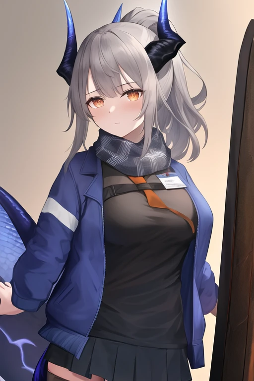 masterpiece, best quality, highres, solo, {liskarm_arknights:1.10}, horns, dragon_horns, grey_hair, ponytail, long_hair, bangs, tail, dragon_girl, dragon_tail, holding, brown_eyes, breasts, orange_eyes, 1girl, blue_jacket, jacket, looking_at_viewer, open_clothes, open_jacket, shield, black_shirt, id_card, shirt, upper_body, scarf