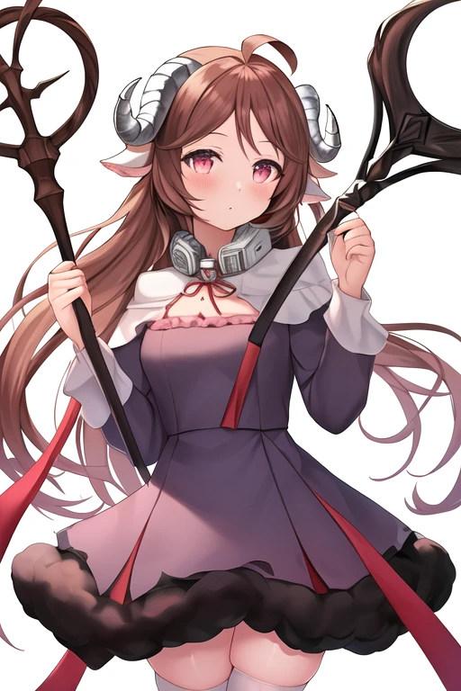 masterpiece, best quality, highres, solo, {eyjafjalla_arknights:1.10}, brown_hair, long_hair, animal_ears, horns, sheep_horns, sheep_ears, ahoge, bangs, blush, holding, pink_eyes, breasts, red_eyes, 1girl, dress, long_sleeves, looking_at_viewer, mask_around_neck, mask, staff, holding_staff, simple_background, sheep_girl, cowboy_shot, white_background, black_thighhighs, thighhighs