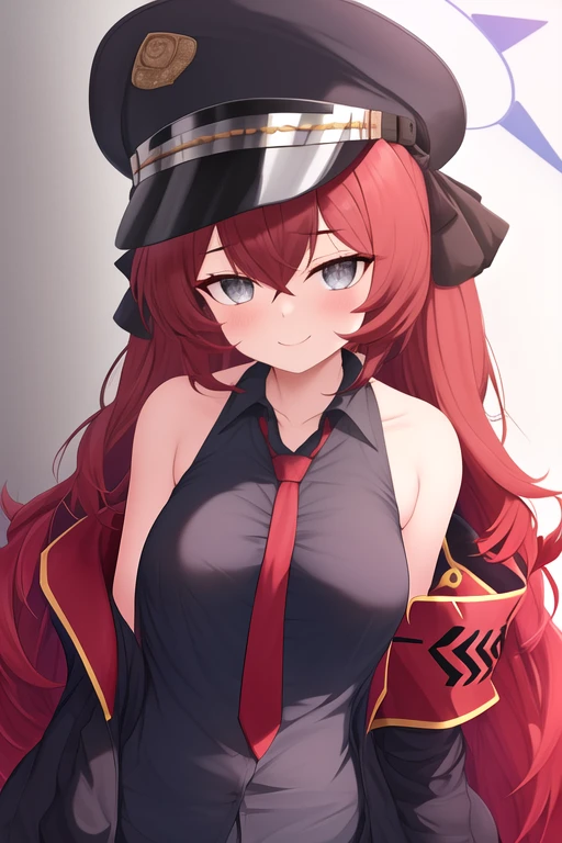 masterpiece, best quality, highres, solo, {iroha_bluearchive:1.10}, long_hair, red_hair, halo, hat, bangs, blush, peaked_cap, hair_between_eyes, very_long_hair, military_hat, black_headwear, grey_eyes, necktie, red_necktie, military, smile, armband, breasts, small_breasts