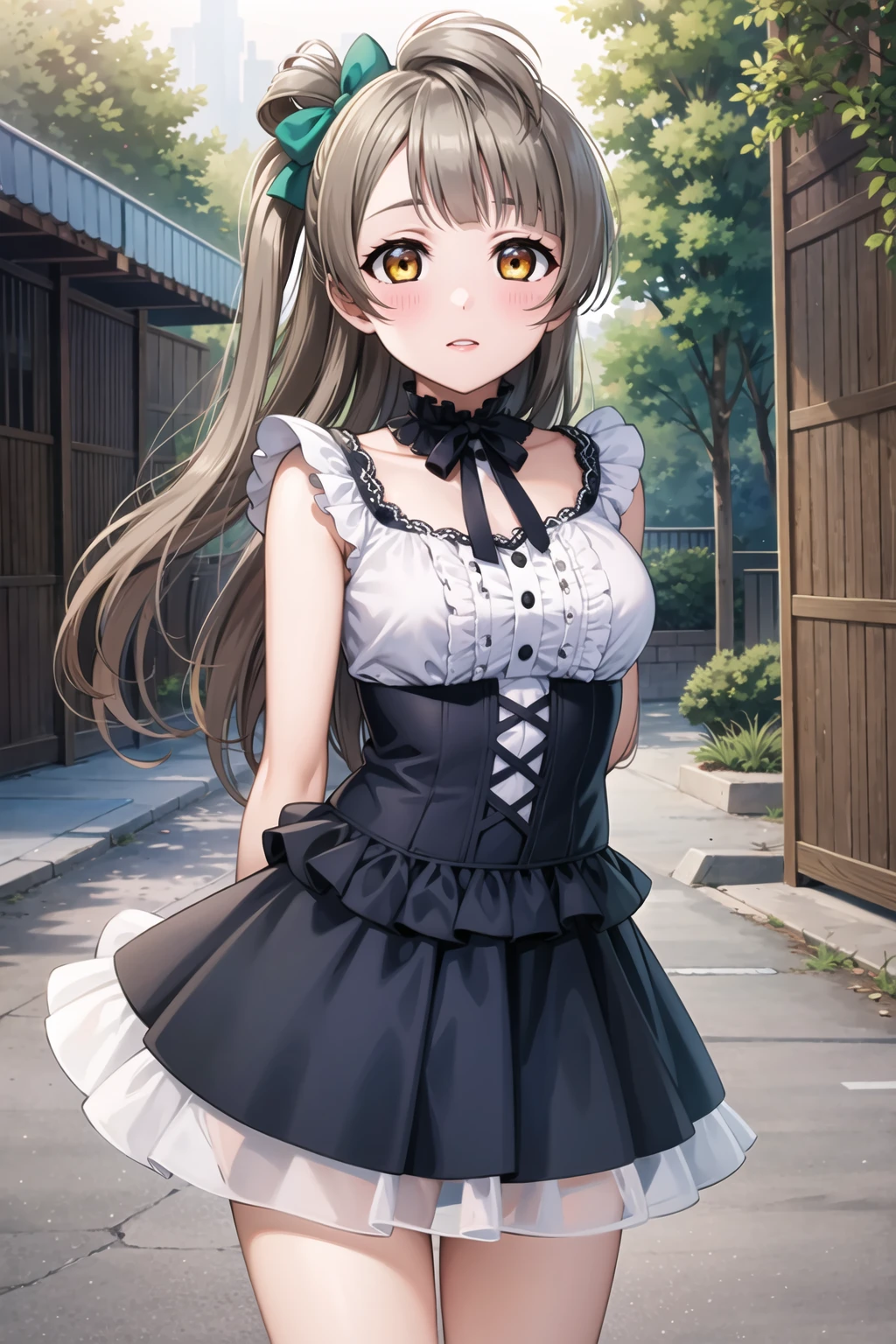 (masterpiece, best quality, ultra-detailed), (illustration), (beautiful detailed eyes), (1girl), (solo),  minami kotori, long hair, yellow eyes,  <lora:KotoriLL_v2.1:0.65>,
outdoors, cowboy shot, dress, arms behind back,