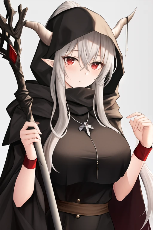 masterpiece, best quality, highres, solo, {shining_arknights:1.10}, horns, long_hair, bangs, breasts, hair_between_eyes, pointy_ears, white_hair, very_long_hair, large_breasts, brown_eyes, holding, ponytail, red_eyes, grey_hair, 1girl, black_dress, cloak, black_cloak, dress, looking_at_viewer, necklace, staff, holding_staff, jewelry, hood, upper_body, closed_mouth, grey_background, hooded_cloak, simple_background, wristband